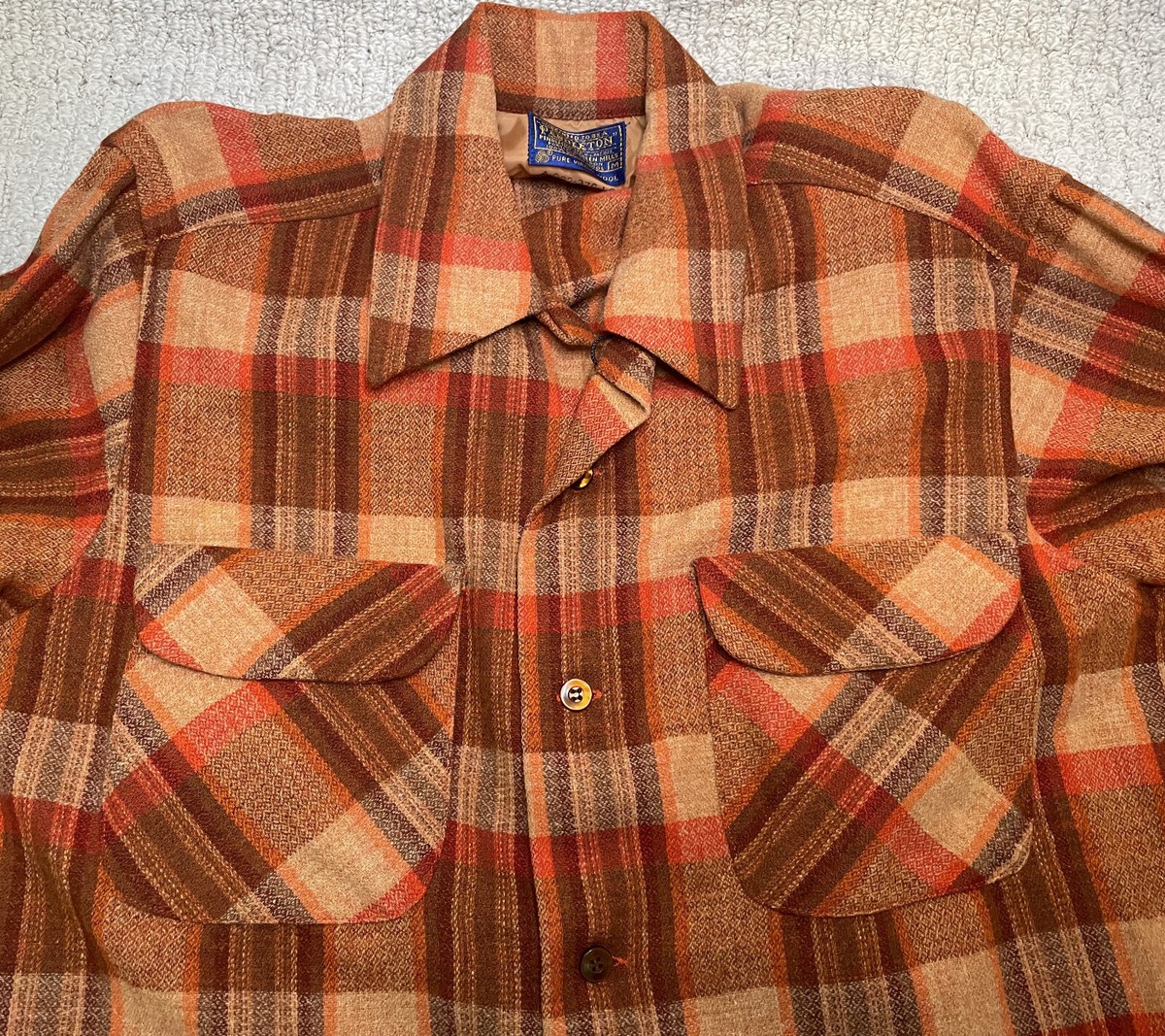 Vintage 60s Pendleton Orange Plaid Wool LS Board Shirt Mens M