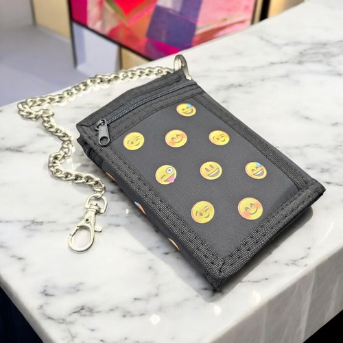 Boys Girls TriFold Slim Wallet with Chain Canvas Black Smiley Face Design UK - Picture 9 of 12