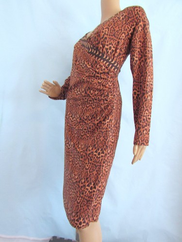 Vestido SOFT AROUND Talla L Marrón y Negro Guepardo Manga Larga Tejido Envoltura Simulada - Imagen 4 de 10