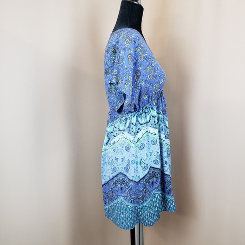 Angie Tunic Top Sz M Deep V Neck Babydoll Blue Paisley Hippie Boho Peasant - Picture 5 of 12