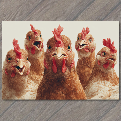 Impresión artística pollos divertidos rebaño gallinas de granja expresiones curiosas - Imagen 1 de 1