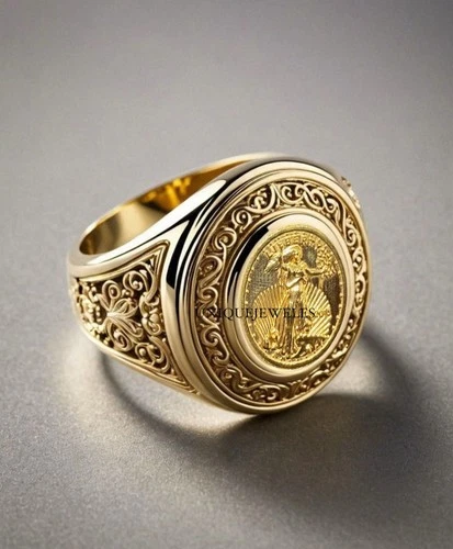 Art Deco Lady Liberty Man Coin  Ring, 14K Gold Plated, Gift Four Your self