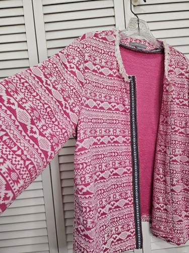 Valerie Stevens Pink White Embroidered Fringe 3/4 Sleeve Open Front Cardigan XL - Picture 13 of 14