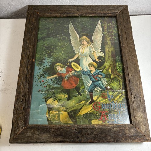 Antik Vintage gerahmt DER SCHUTZENGEL Original Lithographie Druck RAR um 1910 - Bild 2 von 11