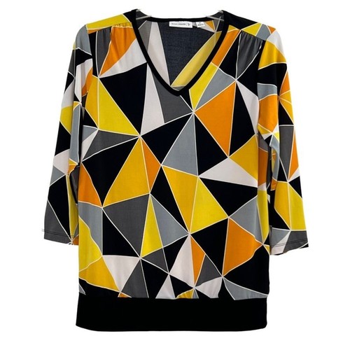 Susan Graver Pullover Top Orange Black Print Size XS 3/4 Sleeve V Neck Band Wais - Picture 1 of 11