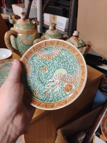 Japanese Satsuma Moriage Kutani Dragon 1950 Ware Gilded 20 Piece Tea Set Geisha - Picture 17 of 24