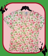 NWT SB SCRUB TOP Large White w 2 Tone Pink Green Flying Butterflys 2 Pockets