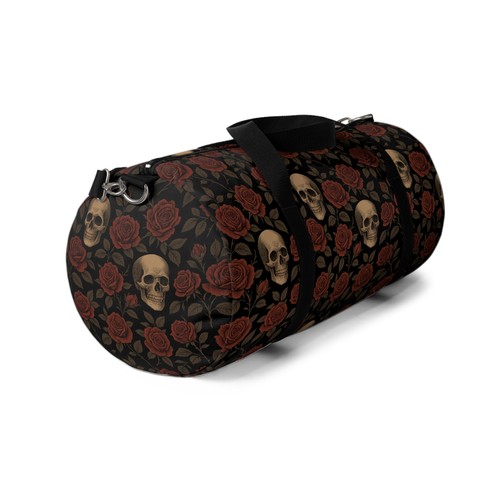 Black Gothic Skull and Rose Duffel Bag, Halloween Travel Gym Tote, Dark Floral - Picture 5 of 17