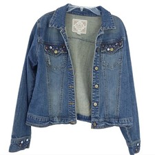 Children's Place Blue Jean Jacket Girls XL 14, Distress Bling Rhinestone Rivets