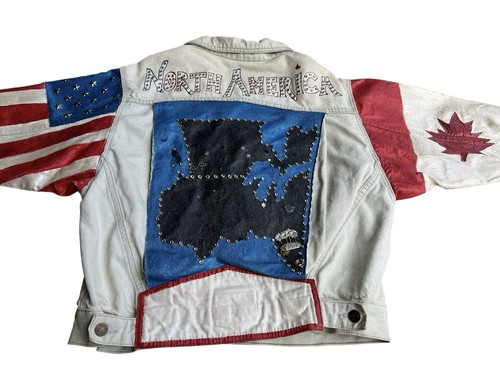 VTG 90s Y2K OOAK North America Embellished Denim Jacket Mens S Painted Studded - Picture 2 of 16