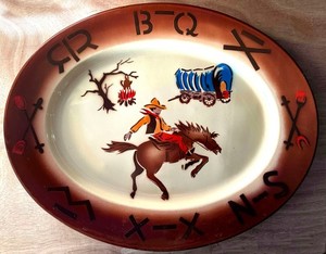 Vtg Fred Roberts Western Enamelware 18" Plater Cowboy Brands Rodeo Bronco RARE