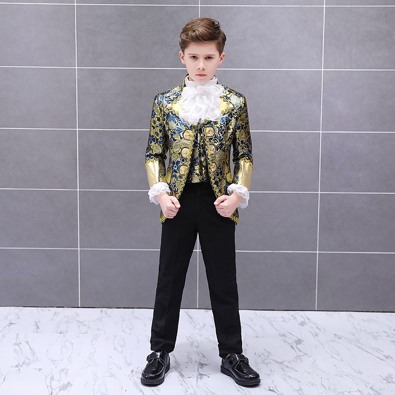 Niño Medieval Príncipe Disfraz Escenario Corte Real Vestidos Abrigo Pantalones Chaleco Trajes