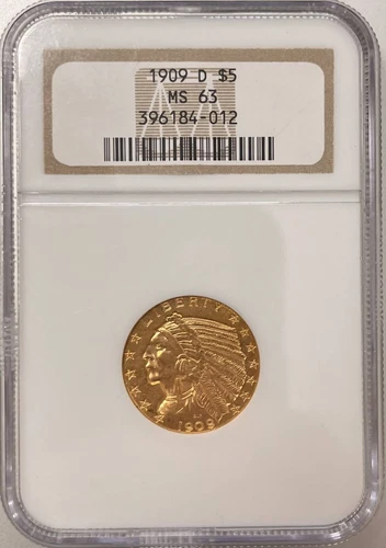 1909 D Gold Half Eagles $5 Indian Head NGC MS-63