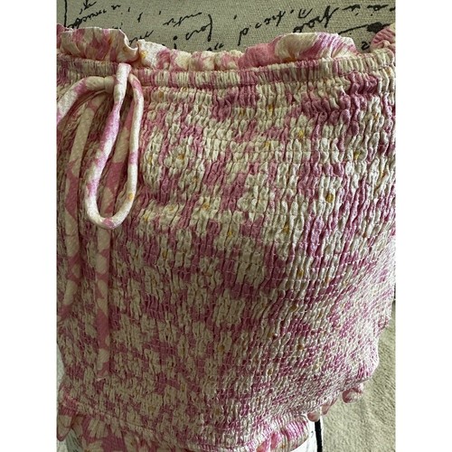 New Zara Women's Pink Yellow Floral Smocked Ruffle Cropped Off Shoulder Top XL - Picture 7 of 9