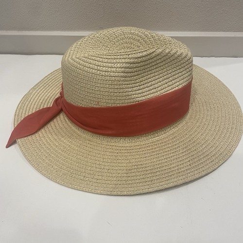 NWT Vince Camuto Fedora Wide Brim Sun Hat Straw Coral Ribbon Packable Resort - Picture 4 of 11