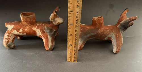 PAIR OF LATIN AMERICAN FOLK ART TERRA COTTA CLAY BULL FIGURINE CANDLE HOLDERS - Picture 4 of 10