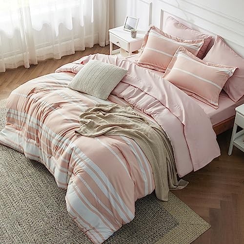 Komplettes Bettdecken-Set 7-teilig, hellrosa gestreiftes Bettwäsche-Set für Full Size Bett - Bild 1 von 6