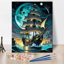 Adults Paint By Number Pirate Ship Painting Artwork DIY Navigation Moon Paint...