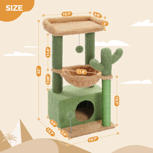 Kratzbaum 33 Zoll niedlicher Kaktus Katzenkratzbäume Turm mit großer Sitzstange und Schinken - Bild 6 von 12