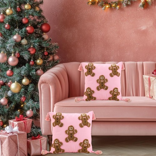2Pcs 3D Pink Christmas Pillow Covers Gingerbread Man Throw Pillow Case 18 x 1... - Foto 7 di 7