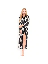 Women's Abstract Print Satin Duster Robe With Velvet Trim And Tie Waist
