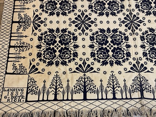 Antique Jacquard Coverlet 1832 Lansing G. Deterich Double Roses Star Trees 88x77 - Bild 5 von 24