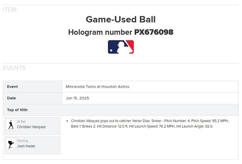 Christian Vazquez Twins Game Used Baseball 6/15/2025 v Astros Josh Hader Hit OUT - Bild 5 von 5