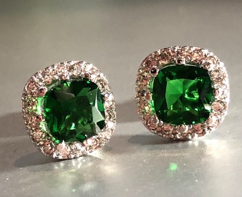 2 cwt Lab-Created Green Emerald & Diamond Cushion Earrings 18k White Gold Plated - Picture 15 of 16