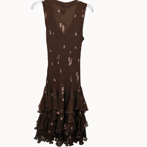 Nicole Miller Womens 12 Brown Floral Sequin Ruffled Bottom Sleeveless Midi Dress - Picture 6 of 17