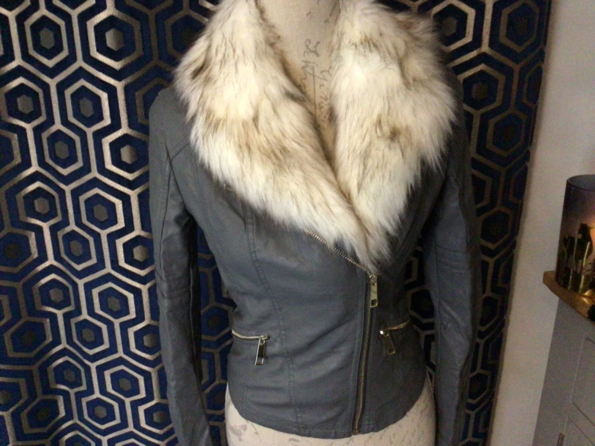 Girls Grey Faux Leather Fur River Island Jacket UK Size 6