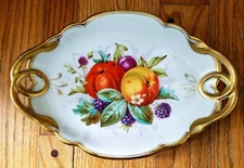 ANTIQUE? Porcelain Double Handled 13" OVAL PLATTER~GOLD Leaf Trim with FRUIT