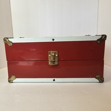 Vintage 1950s 1960s Red Metal Doll Travel Trunk Doll Case Pink Atomic Kitschy