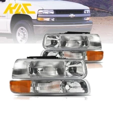 Pair Headlights Assembly+ Bumper Lamp For 2000-2006 Chevrolet Suburban 1500 2500