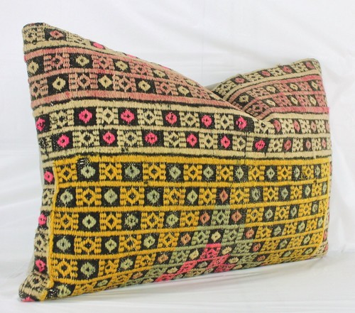 Decorative Yellow Pink Vintage Kilim Lumbar Pillow Cover 16x24 Kilim Cushion