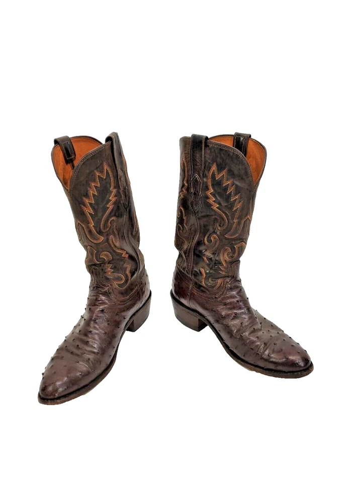 Lucchese Hombres 8.5D Marrón Oscuro Pluma Completa Cuero Avestruz Vaquero Western Exótico Foto 3 de 4