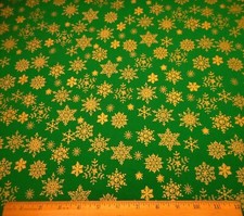 Christmas Fabric By The Yard Metallic Gold Snowflakes on Xmas Green Cotton 29
