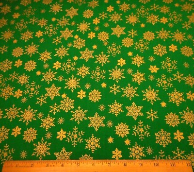 Christmas Fabric 1 5/8 Yard Metallic Gold Snowflakes on Xmas Green Cotton #29