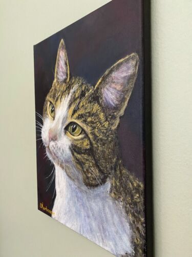 Cat Original Acrylic Painting Pet Kitten Portrait Animal Wall Art 9"x12" - Picture 2 of 11