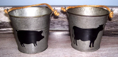 Pair of Small 3.5 in. Tall Galvanized Buckets Farmhouse Country Decor