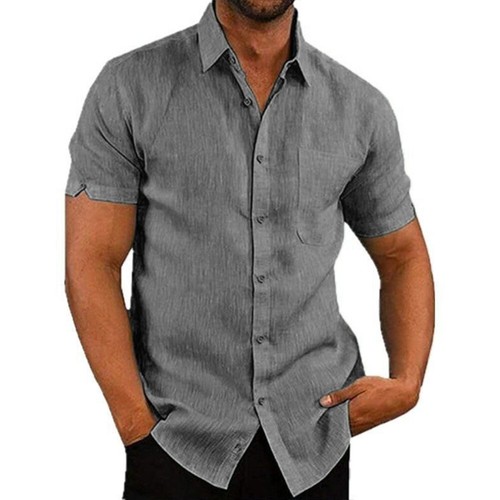Men Cotton Linen Shirts Summer Loose Buttons Short Sleeve Casual T Shirt Tops - Picture 28 of 28