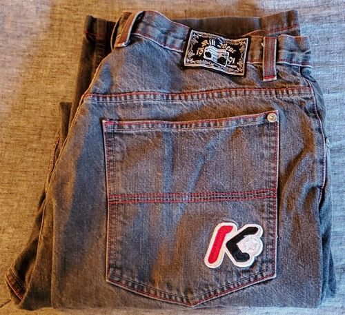 KIKWEAR bestickt 90er Denim Y2K Skater Baggy weites Bein 36x32