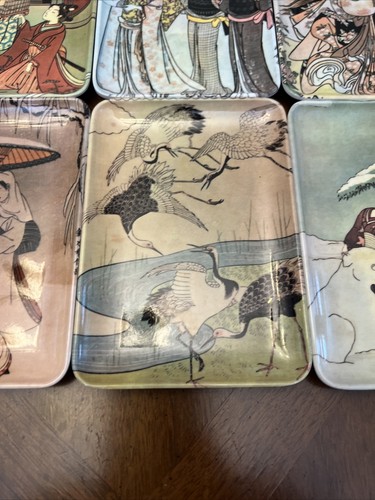 Vintage Decorative Crafts Inc. Made In Italy Asian Art Trinket Trays Set Of 6! - Afbeelding 7 van 9