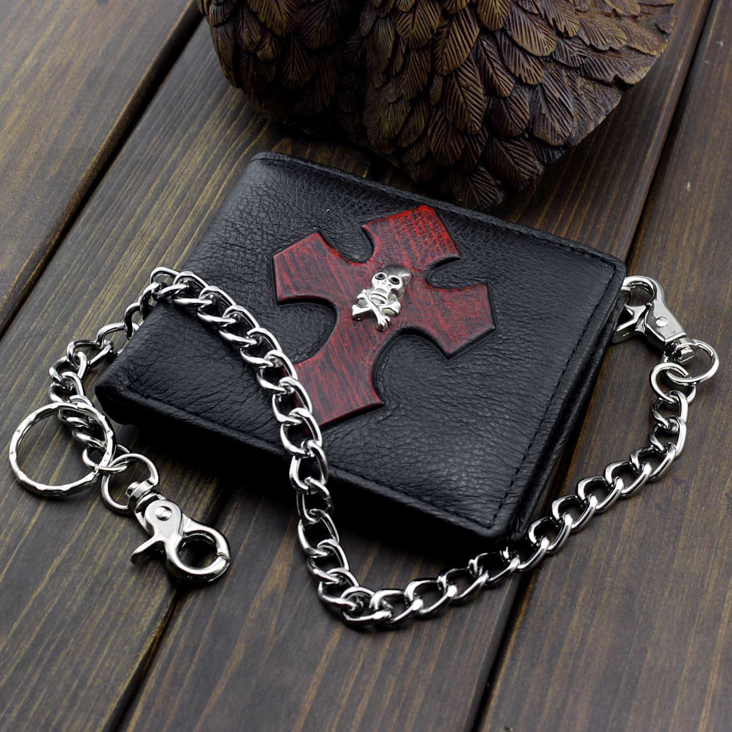 Goth Red Cross Biker Punk Leather Wallet Coin Purse for Mens or Boys