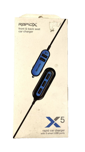 NUEVO RapidX Asiento Delantero A Trasero 5 Puertos USB Inteligentes Cargador Coche 5 Pies Cable X5 AZUL - Imagen 1 de 2