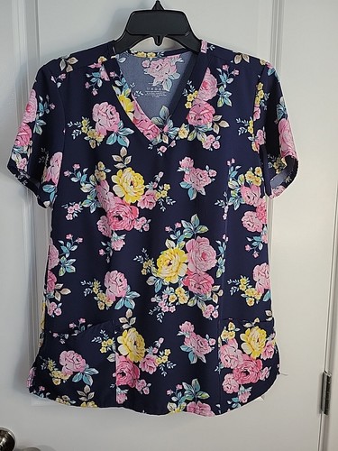 Sienna Love 2 Pocket Floral Printed Scrub Top V Neck Navy Blue Women's Small - Bild 1 von 5
