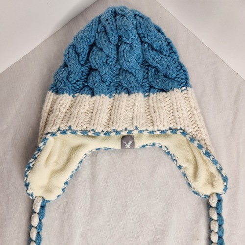 American Eagle Hat Cap Adult One Size Blue Cream Beanie Knit Ear Flaps Unisex - Picture 6 of 10