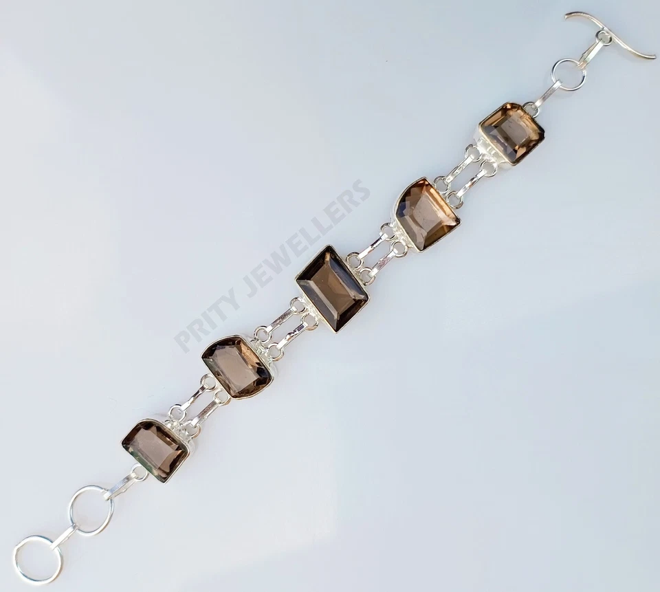 Pulsera de cuarzo ahumado de plata de ley 925 hecha a mano joyería ajustable todos los tamaños Foto 2 de 4