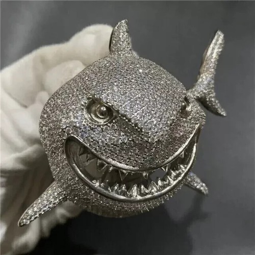 Lab-Created Diamond Men's Shark Charm Pendant 2.77Ct Round 14k White Gold Plated