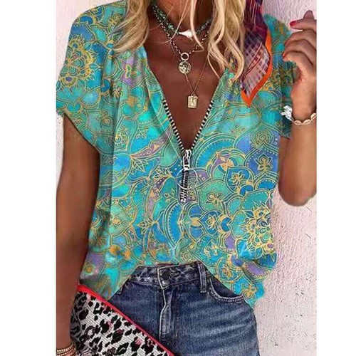 Summer women loose and casual fashion print zipper short-sleeved t-shirt top - Picture 17 of 44