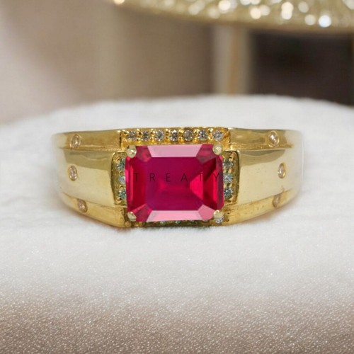 Ruby Emerald Cut With 925 Sterling Silver Gold Plated Ring For Men's #A83 - Picture 4 of 6